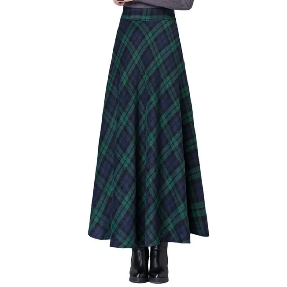 Warm Wool Plaid A-Line Skirt High Waist Elastic Pleated Long - Picture 1 of 4